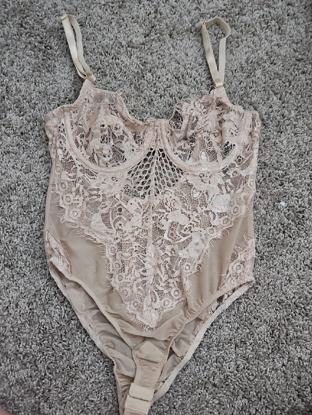 Lace Trim Bodysuit in Light Beige - Women’s Intimates